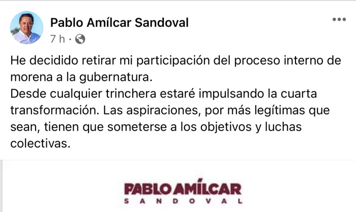 Se retira Pablo Amílcar del proceso interno de Morena; Félix le agradece