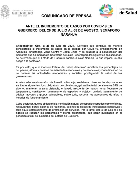 ANTE EL INCREMENTO DE CASOS POR COVID-19 EN GUERRERO, DEL 26 DE JULIO AL 08 DE AGOSTO: SEMÁFORO NARANJA