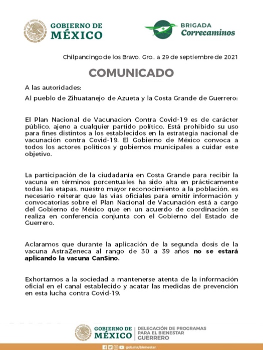 No politizar vacunación en Zihuatanejo, señala comunicado del Gobierno de México