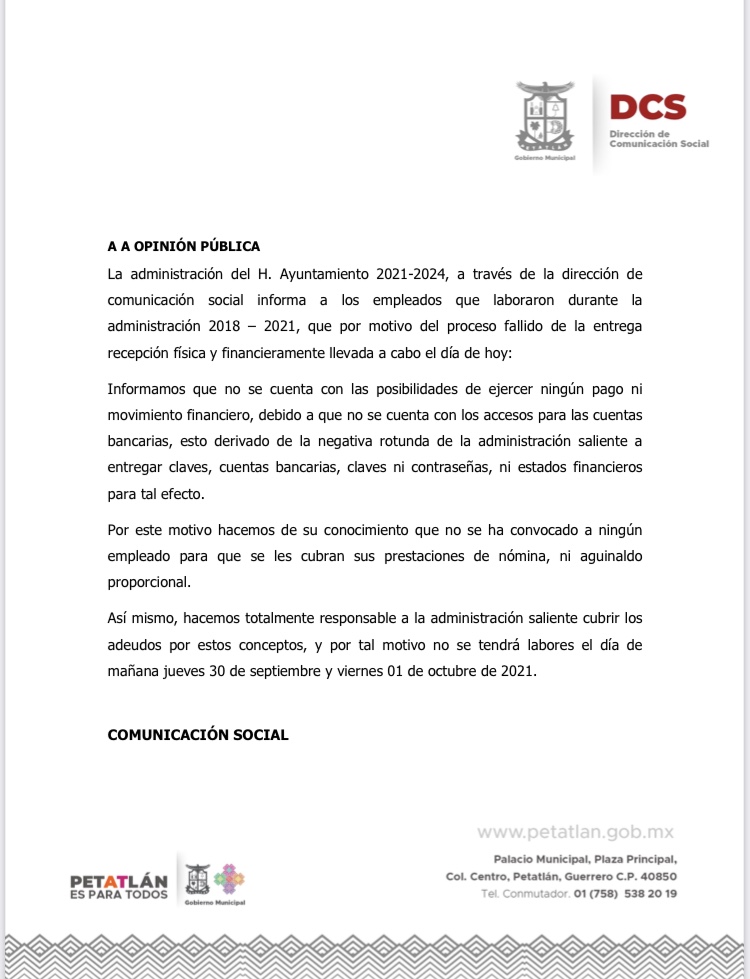 Por problemas entrega-recepción, nuevo Ayuntamiento de Petatlán suspende labores