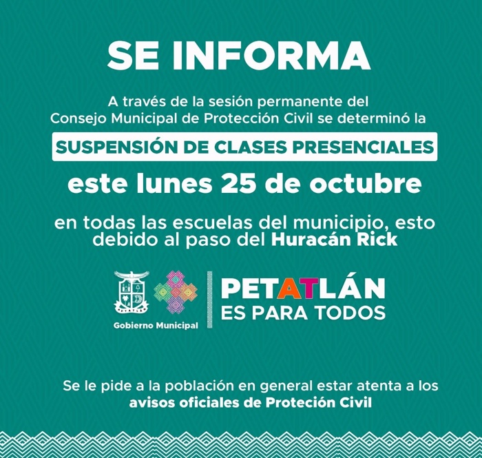 Por Huracán “Rick” se suspenden clases presenciales en Petatlán