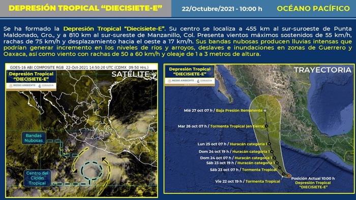 Se forma Depresión Tropical “Diecisiete E”, se esperan intensas lluvias en Guerrero