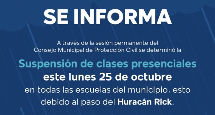 Supenden clases presenciales en Zihuatanejo por  paso del huracán “Rick”