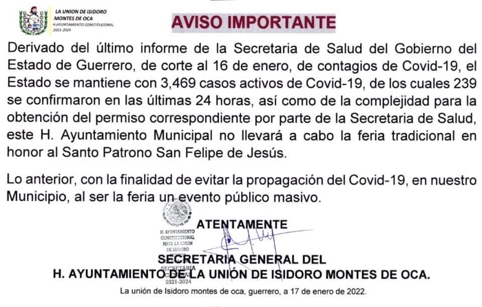Cancelan por segundo año consecutivo Feria Patronal de La Unión