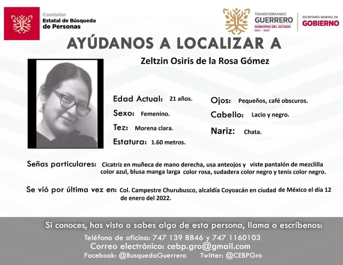 Gobierno de Guerrero solicita a la FGE intervención ante autoridades de CDMX por desaparición de joven guerrerense