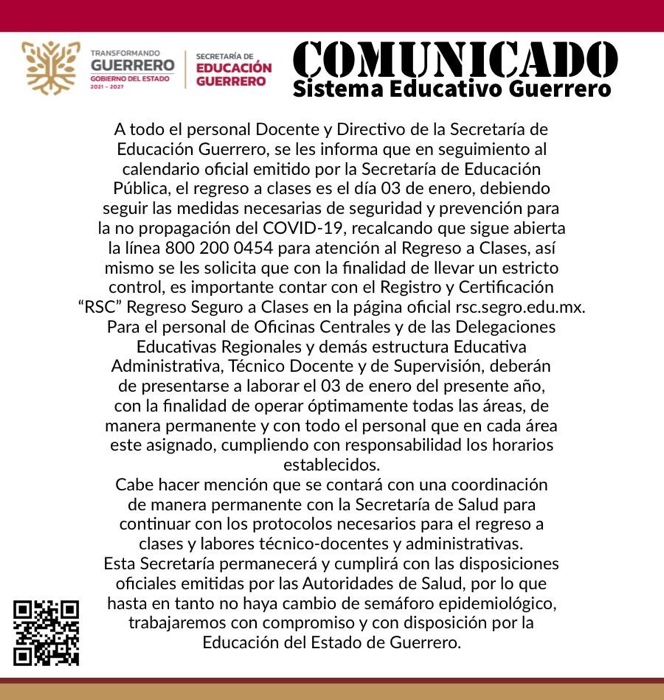 Llama la SEG al regreso a labores escolares, este lunes