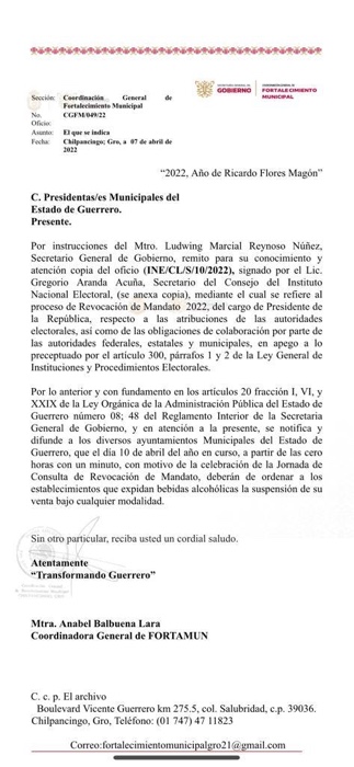 Ley seca el domingo 10 de abril por Consulta de Revocación de Mandato