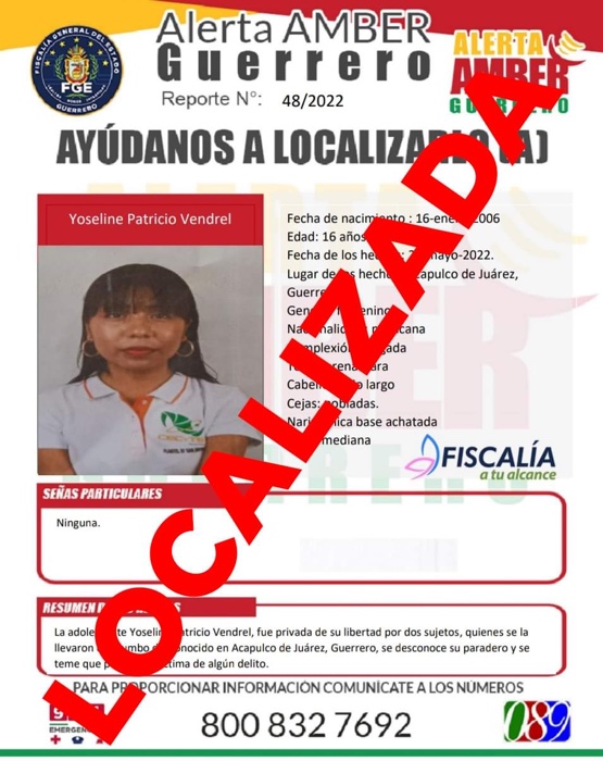 Localizan con vida a Yoseline, informa la Fiscalía de Guerrero