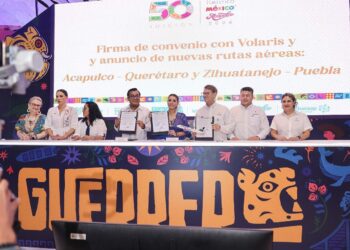 Firma Evelyn Salgado convenio con la empresa Volaris para poner en funcionamiento dos rutas aéreas